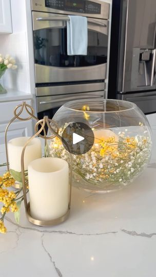 Fishbowl Centerpiece, Fish Bowl Vases, Lemon Centerpieces, Yellow Carnations, Breath Flowers, Baby Breath, Color Water, Battery Operated Candles, Ramadan Decorations