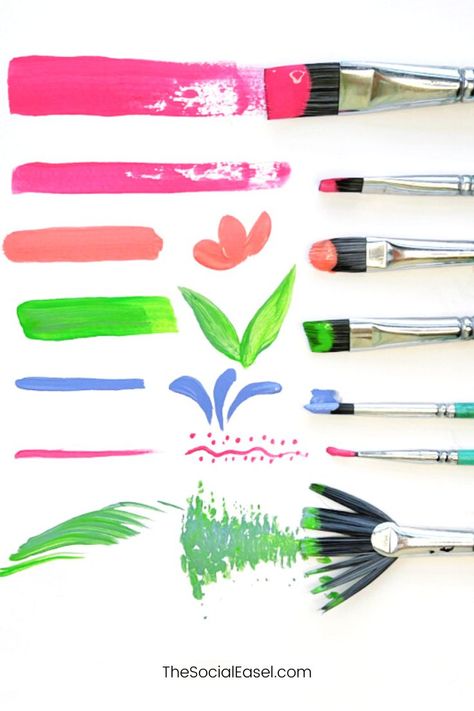 I’m so excited to introduce you to our new products and to give you a quick tutorial on brush stroke techniques for different paint brush types! My new paint brushes and palette knives are a dream come true. Paint Brush And Palette, Social Easel, Paint Brush Drawing, Brush Strokes Painting, 3rd Grade Art, Brush Drawing, Art Basics, Acrylic Brushes, Easy Canvas Painting