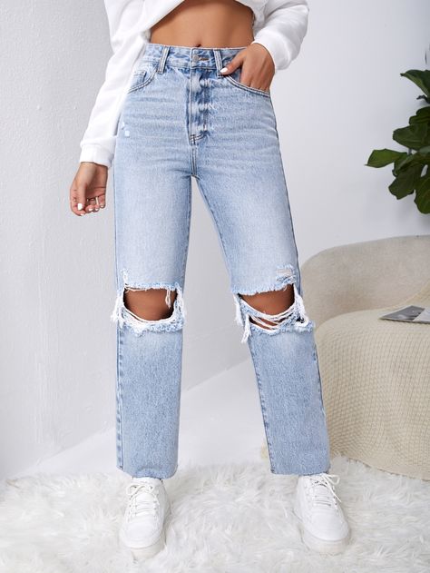 Light Wash  Collar  Denim Plain Straight Leg Embellished Non-Stretch  Women Denim Abercrombie Jeans, Traje Casual, Abercrombie And Fitch Jeans, Cute Jeans, High Waisted Jeans, Loungewear Set, Floral Pants, Jeans Boyfriend, Black Border