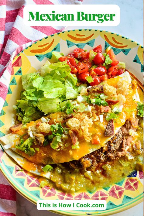 You may not know it but Denver is famous for its Mexican burger. Refried beans and a burger are stuffed in a tortilla and smothered with green chile!#Mexicanburger #mexicanburgerrecipes Mexican Cheeseburger, Mexican Hamburger, Mexico Recipes, Mexican Burger, Beef Ideas, Green Chile Recipes, New York Bagel, Hearty Comfort Food, Recipe Cover