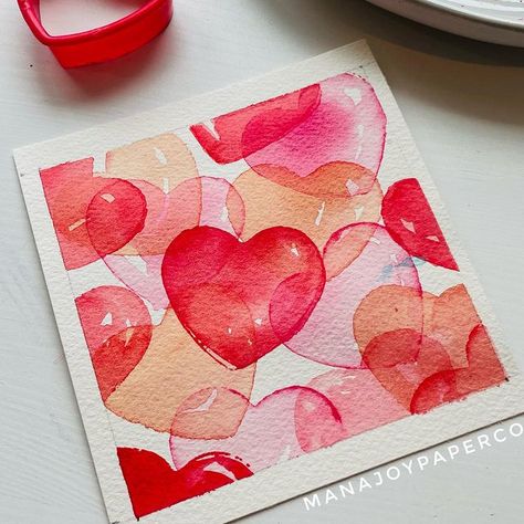 Here is the Tutorial for the juicy hearts! 水彩でジューシーなハートを描きました！ Step 1: Dip the cookie cutter in the paint or use your brush to spread the… | Instagram Love Paintings Easy, Mini Art Ideas, Valentine Painting Ideas, Heart Painting Ideas, February Watercolor, Heart Watercolor Painting, Watercolour Hearts, Valentines Instagram, Simple Watercolor Painting