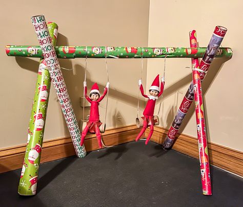 Elf on the shelf ideas Elf On Shelf Wrapping Paper Ideas, Elf Wrapping Paper Ideas, Elf Ideas Easy, Bad Elf, Awesome Elf On The Shelf Ideas, Elf Activities, Xmas Elf, Elf Antics, Elf Fun