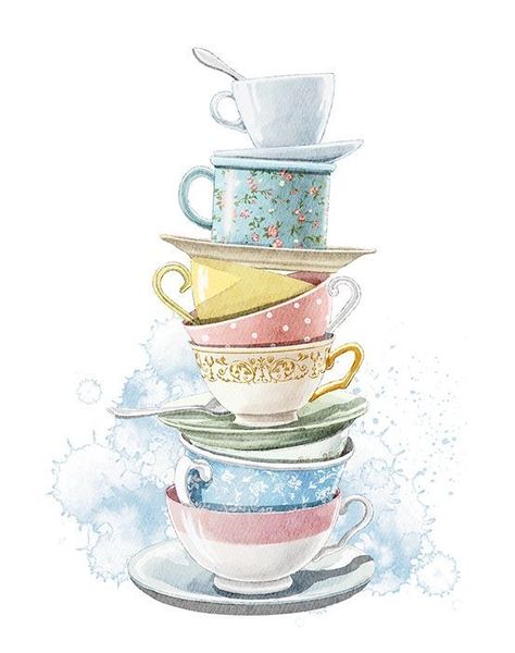 Watercolor Objects, Watercolor Postcards, Chanel Art Print, Watercolour Challenge, Tea Cup Art, Detailed Watercolor, Watercolor Cartoon, Watercolor Postcard, Watercolor Books