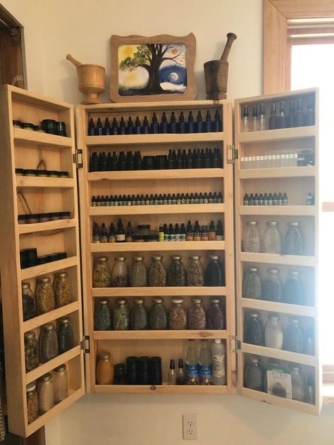 Herb Cabinet Organization, Portable Apothecary Cabinet, Herb Cabinet Diy, Apothecary Spice Cabinet, Herbal Storage Apothecary Cabinet, Home Apothecary Cabinet, Apothecary Organization Ideas, Witchy Spice Rack, Apothecary Aesthetic Bedroom