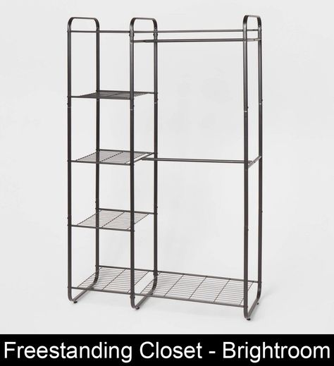 Make your space look organized with the help of this Freestanding Closet from Brightroom™. Crafted of metal, this freestanding closet features two hanging rods for hanging different hangers. It's designed with two small mesh shelves and one large metal mesh shelf on top and one at the bottom that come in handy for storing small boxes, shoes, bags and more. Featuring a black metal finish, it's sure to easily blend with your room decor.Brightroom™: No Closet Solutions Target, Linen Storage No Closet, Freestanding Closet System, No Closet Solutions Bedroom Small Spaces, Free Standing Closet Ideas, Open Closet Ideas For Small Spaces, Renter Friendly Closet Organization, No Closet Solutions Bedroom, Brutalist Bedroom