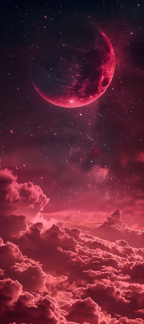 Elevate your iPhone with a wallpaper that captures a dreamy fantasy sky. Under a red sky, a red crescent moon nestles among stars and clouds, creating a mesmerizing scene. This fantasy background, awash in a pink color scheme, transforms your screen into a portal to a dreamy, otherworldly realm. Immerse yourself in the high-definition magic every time you unlock your device. #FantasySky #DreamySkyWallpaper #RedMoon #iPhoneWallpaper Fantasy Sky Wallpaper, Red Dreamy Aesthetic, Pink Moon Wallpaper Aesthetic, Pink Red Color Scheme, Iphone 10 Wallpaper Hd, Red Landscape Wallpaper, Pink Moon Wallpaper Iphone, Moon Background Wallpapers, Moon Pink Wallpaper