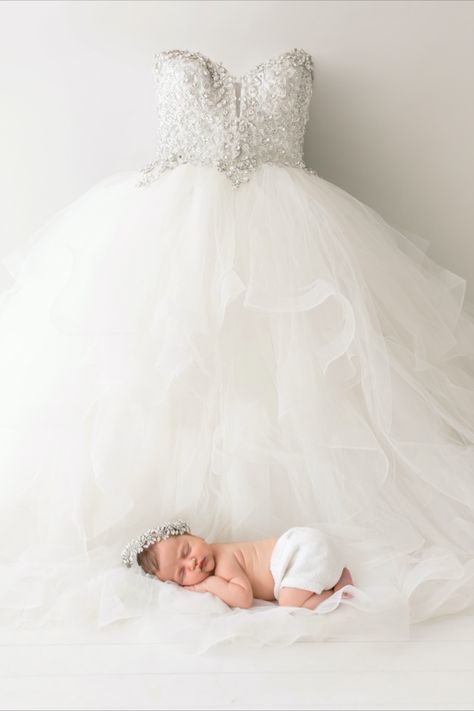 Houston Newborn Girl Baby On Moms Wedding Dress, Wedding Dress And Newborn Photo Shoot, Newborn With Wedding Dress, Wedding Dress Newborn Pictures, Newborn Wedding Dress Pictures, Newborn Flower Girl, Light Studio Photography, Moms Wedding Dress, Baby In Wedding Dress