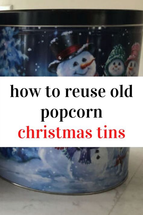 Reuse your old empty Christmas tins into a cheap and easy indoor planter DIY. turn up the curb appeal with these diy flower pots or planters. Place them on your porches, patios or place them indoors. #homedecor #cheap #diy #planters Old Popcorn Tins Ideas, Christmas Popcorn Tin Can Crafts Ideas, Repurposed Crock Pot, Popcorn Tin Repurpose Diy, Holiday Porch Pots, Christmas Popcorn Tins, Diy Toothbrush Holder, Repurposed Home Decor, Cheap Planters