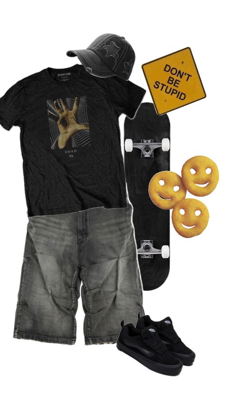 #outfitinspo #aesthetic #outfit #clothes #black #skater #jorts #shuffles  mine pls dont steal Skater Outfit, Clothes Black, Cute Fit, Aesthetic Outfit, Fitness Inspo, Outfit Inspo, How To Wear, Clothes, Black