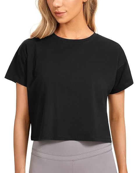 Amazon.com: CRZ YOGA Women's Pima Cotton Workout Short Sleeve Shirts Loose Crop Tops Athletic Gym Shirt Casual Cropped T-Shirt Black Small : Clothing, Shoes & Jewelry Cropped Workout Top, Fitness Shirt, Workout Short, Crz Yoga, Crop Top Designs, Cut T Shirt, Workout Attire, Workout Crop Top, Athleisure Fashion