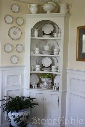 from http://foter.com/explore/white-corner-china-cabinet; I like the green apples among the white dishes for a small pop of color Corner Cabinets Dining Room, Corner Cabinet Dining Room, Small Corner Cabinet, Corner China Cabinets, Corner China Cabinet, Corner Cupboards, Provence Interior, Dining Room Corner, Corner Hutch