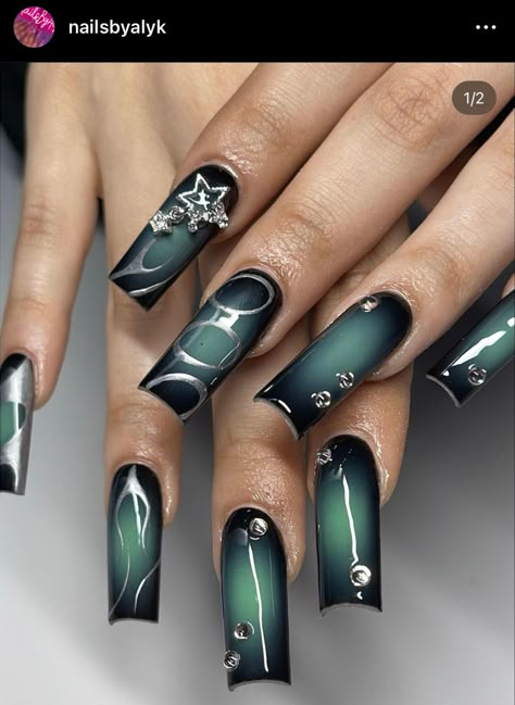 Green Acrylics, Black Nails Ideas, Green Aura, Black Acrylic Nails, Airbrush Nails, Goth Nails, Grunge Nails, Nail Sets, Bling Acrylic Nails