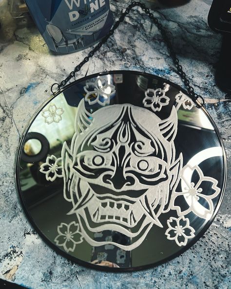 First mirror that will be on the store at some point all finished.... 🥹 #smallbusiness #artist #engraved #engravedmirror #tattoos #tattoostyle #oni #hannyamask #japan Dremel Mirror Etching, Glass Engraving Ideas Dremel, Etched Mirror Ideas, Glass Etching Art, Mirror Engraving, Mirror Etching, Etched Mirror, Studio Tattoo, Dark Decor