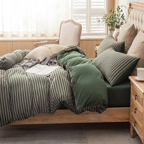 Amazon.com: PURE ERA Jersey Knit Duvet Cover Set 100% T-Shirt Heather Cotton Super Soft Comfy Classic Striped Design, with Zipper Closure, Forest Green Stripe, Queen : Home & Kitchen Green Striped Bedding, Bedroom Finds, Striped Bedding, Home Bedding, Green Bedding, Comforter Cover, Cozy Place, Cotton Duvet Cover, Cotton Duvet