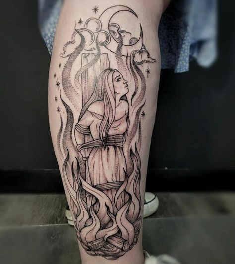 Witch At Stake Tattoo, Witch At The Stake Tattoo, Witch Trials Tattoo, Salem Witch Tattoo Ideas, Salem Witch Tattoo, Salem Tattoo Ideas, Burning Witch Tattoo, Salem Witch Trails, Arm Tats