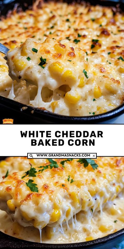 This white cheddar baked corn is creamy, cheesy, and loaded with flavor! The perfect side dish for family dinners or holiday gatherings. Yummy Side Dishes For Christmas, Cheddar Corn With Bacon, Crockpot Cheddar Corn, Corn Potluck Recipes, Side Recipes Vegetable, Parmesan Corn Side Dishes, White Cheddar Baked Corn, Best Gluten Free Side Dishes, Grits Side Dish