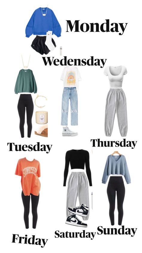 My outfits throughout the week To School Outfits, School Outfits Ideas Summer, Weekly School Outfits, High School Outfit Inspo 2024, Outfits For School On Hot Day, Days Of The Week Outfits School, Outfit Ideas For School Cold Weather, Outfit Of The Week For School, Outfits For Tuesday School