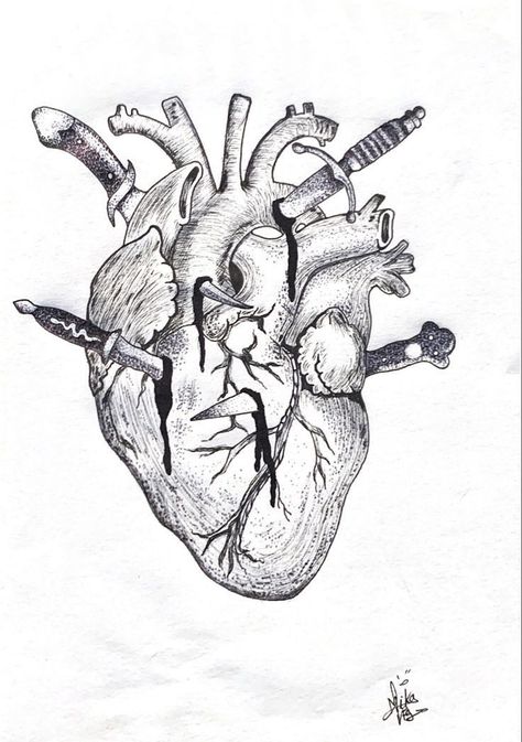 Broken Hearted Sketch Ideas, Heart Brake Drawing, Realistic Heart Drawing, Heart Drawing Ideas, Anatomical Heart Drawing, Human Heart Drawing, Drawings With Meaning, Anatomical Heart Art, Getting A Tattoo