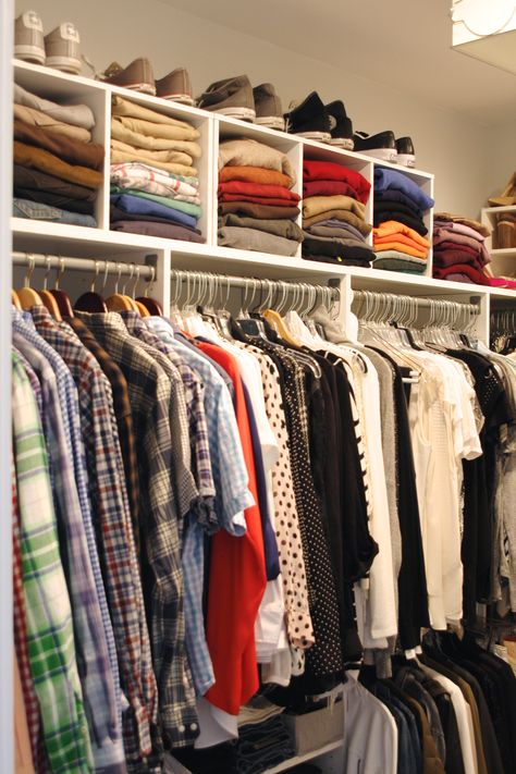 master-closet-after Closet Top Shelf Organization, Small Clothes Closet, Dream Closet Room, Spare Bedroom Closets, Closet On A Budget, Minimal Shelves, Simply Organized, Maximize Closet Space, Master Closet Organization