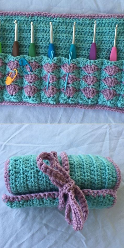 Roll Up Crochet Hook Case Free Pattern, Crochet Tool Organizer, Crocheted Crochet Hook Holder, Crochet Hook Organizer Pattern Free, Crochet Pouch For Hooks, Crochet Holder For Hooks, Crochet Brush Holder, Crochet Hook Pouch Free Pattern, Crochet Hook Holder Free Pattern