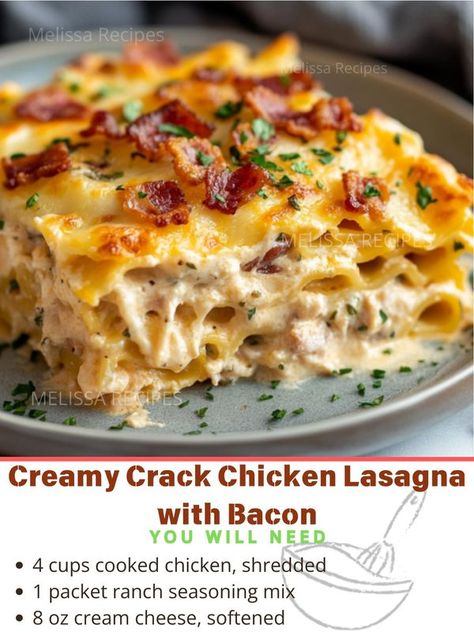 Melissa Recipes | Creamy Crack Chicken Lasagna with Bacon | Facebook Chicken Lasagne Recipes, Bacon Lasagna, Homemade Lasagna Recipe, Homemade Lasagna Recipes, Chicken Lasagna Recipe, Dinner Favorites, Lasagna Recipes, Chicken Salad Recipe Easy, Cooking Meals