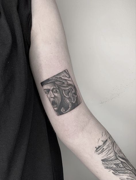 Caravaggio Tattoo, Medusa Caravaggio, Micro Realism, Black Work, Art Tattoos, Studio Ideas, Caravaggio, Tattoo Studio, Blackwork