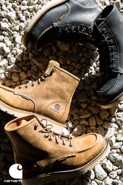 two pairs of mens boots laid out on the ground. Mens Work Shoes Construction, Men’s Rain Boots, Men’s Work Boots, Men’s Boots Style, Mens Casual Boots, Men Work Boots, Carhartt Boots, Women's Work Boots, Mens Work Boots