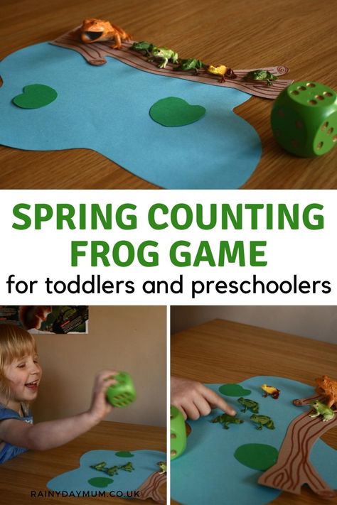 A simple DIY maths game for spring fun using frogs to count, add and subtract to use with preschoolers as they learn. Frog Activities For Preschool, Math Counting Games, Game For Preschoolers, Frog Activities, Frog Games, Frog Pond, Spring Math, Counting Games, Math Counting