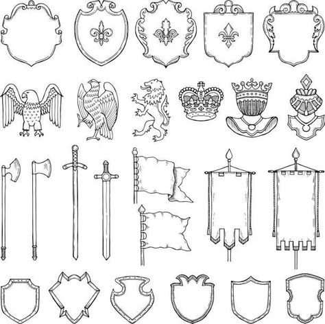 Medieval Symbols Design, Medieval Emblem, Royal Symbols, Heraldry Symbols, Medieval Alphabet, Medieval Drawing, Medieval Symbols, Family Crest Symbols, Heraldic Symbols