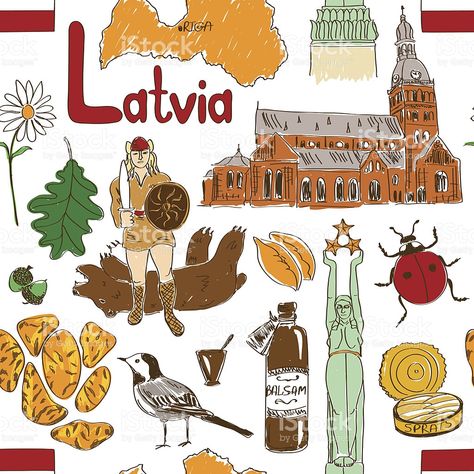 Sketch Latvia seamless pattern royalty-free stock vector art Scotland Symbols, Geography For Kids, World Geography, We Are The World, Cool Sketches, Seamless Pattern Vector, Art Clipart, World Cultures, Travel Scrapbook