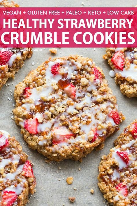 Vegan Gluten Free Strawberry Crumble Bar Cookies recipe- perfect for breakfast or dessert! Oatmeal And Banana, Strawberry Keto, Healthy Cookie Recipe, Strawberry Crumble, Dessert Oreo, Healthy Cookie, Cookie Brownie Recipe, Oatmeal Cookies Chewy, Healthy Strawberry