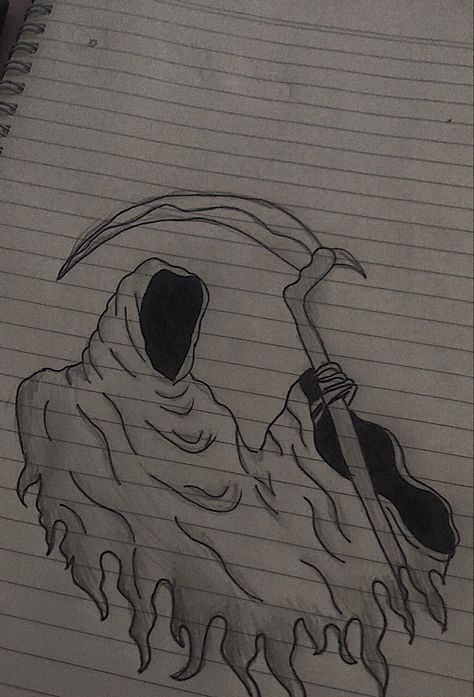 a sketch of the grim reapers upper half, holding a scythe. pencil drawing with shading around the edges and creases in the drawn fabric of reapers coat. face and sleeves are blacked out with black pen. giving off a darker black then the rest of the pencil drawing. American Traditional Tattoo Ideas, Traditional Tattoo Ideas, Scary Drawings, Creepy Drawings, Cool Pencil Drawings, Meaningful Drawings, Graffiti Style Art, Easy Drawings Sketches, Graffiti Drawing