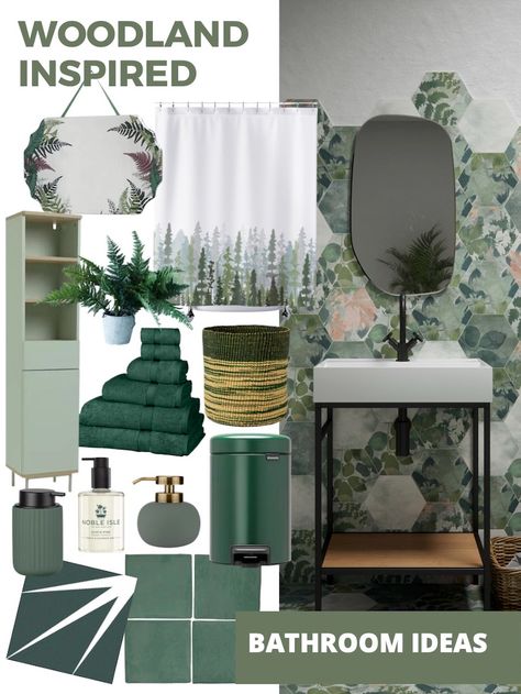 woodland bathroom ideas mood board featuring tiles with woodland print, fern decorated mirror and other green items Grey Bathroom With Green Accessories, Dark Green Towels Bathroom, Rain Forest Inspired Bathroom, Forrest Bathroom Ideas, Bathroom Green Accessories, Green Decor Bathroom Ideas, Bathroom Nature Inspired, Dark Green Bathroom Accessories, Woodland Bathroom Decor