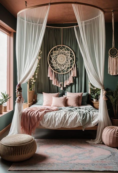 Boho Canopy Bed Inspiration 3 Pretty Canopy Bed, Romantic Bohemian Bedroom, Macrame Bed Canopy, Boho Canopy Bed, Bedroom Sanctuary Ideas, Boho Canopy, Bed Inspiration, Boho Bedroom Decor Ideas, Canopy Bed Diy