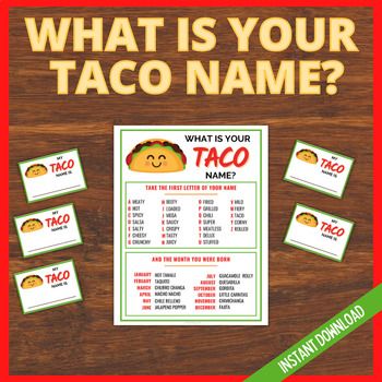 Find our what your Taco Name is with this fun game.  Perfect game to play at your Cinco de Mayo party, and will bring some fun and laughter.Print and place the 8 x 10 file in a frame for all your guests to see, then print out and cut the name tags up and give each name card to each guest.Then get them to follow the instructions to find out what their Taco Name Name is. Great to play at your Fiesta, Classroom party, Birthday Party or family event. Everyone will have a laugh and love to find out what their taco name is.INCLUDED;I ZIP File containing;1 x US Letter size 8.5" x 11" Sign1 x US Letter size Sheet of Name Cards - with 10 name tags each 3 "x 2"1 X 8" X 10" SignHOW THIS WORKSPurchase this listingOnce payment has been made and confirmed, your files are sent directly to you from TpT.Yo Fiesta Games, Taco Bar Party, Game Birthday Party, Name Game, Game Birthday, Hot Tamales, Taco Party, 5 De Mayo, Name Games