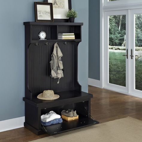 Nantucket Distressed Black Hall Tree - You'll fall in love with the attractive Shaker style of the Nantucket Distressed Black Hall Tree. Crafted of hardwood solids and engineered wood, this... Black Hall Tree, Shoe Storage Bench Entryway, Beadboard Paneling, Entryway Hall Tree, Coat Rack Hooks, Tree Coat Rack, Entryway Shoe Storage, Entryway Bench Storage, Cubby Storage