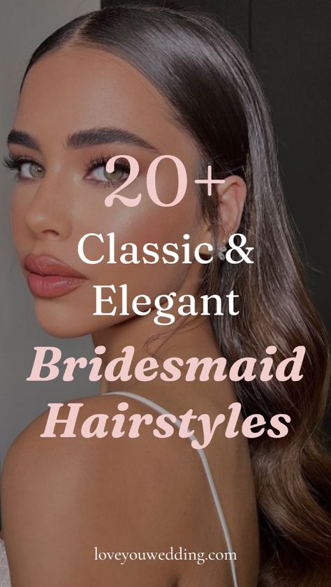 Need classic and elegant bridesmaid hair ideas? Discover 20 beautiful classic bridesmaid hairstyles for long, short, and medium-length hair. From sleek to classic to elegant, we have the best classic wedding hairstyles for bridesmaids! Wedding beauty Bride Maids Hair Styles, Elegant Down Hairstyles Classy, Make Up For Wedding Guest 2024, Sleek Wedding Guest Hair, Hairstyle For Puff Sleeve Dress, Hairstyles With Necklines Style, Hairstyles For Mock Neck Dresses, Sister Of The Bride Hair, Wedding Guest Hair Medium