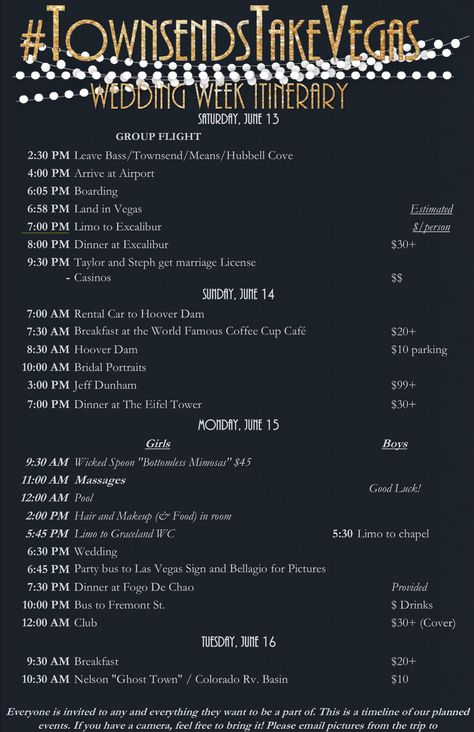 Our Vegas - Gatsby - Wedding Itinerary. Such a fun weekend. DIY with Microsoft Excel and way too many man hours. Las Vegas Wedding Itinerary, Lad Vegas, Vegas Wedding Favors, Wedding Order Of Events, Wedding Weekend Itinerary, Fishing Wedding, Wedding Itinerary, Wedding Vows Renewal, Wedding Week