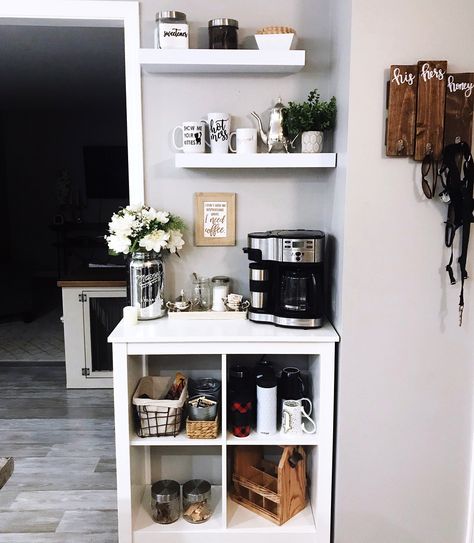 My new little coffee bar 😍 finally complete with a new foil print I made today and my vintage tea set holding both the cream and the sugar 😄 . #coffee #coffeebar #coffeemug #whitedecor #kitchendesign #kitchendecor #foilprint #coffeequotes #vintagesilver #teatime #interiordesign #decor #shabbychic Coffee Station Kitchen, Farmhouse Coffee Bar, Diy Coffee Bar, Coffee Bar Design, Design Café, Home Coffee Stations, Coffee Bars In Kitchen, Coffee Nook, Kitchen Decor Apartment