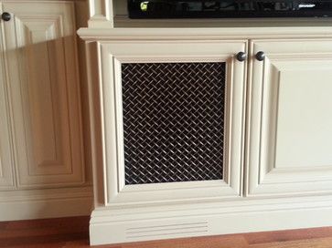 Another mesh option for cabinet doors entertainment center | Traditional Home speaker mesh Design Ideas, Pictures, Remodel and ... Cabinet With Mesh Doors, Black Wire Mesh Cabinet Doors, Built In Stereo Cabinet Ideas, Speaker Cover Ideas, Wire Mesh Cabinet Doors, Built In Entertainment Center, Stereo Cabinet, Speaker Cabinet, Door Replacement