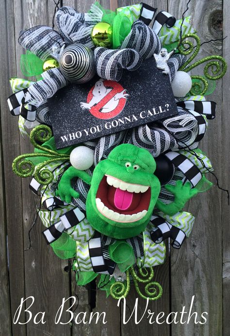 Ghostbusters Wreath by Ba Bam Wreaths Ba Bam Wreaths, Nightmare Before Christmas Wreath, Deco Mesh Wreaths Diy, Creative Wreaths, Diy Halloween Wreath, Mesh Wreath Diy, Door Wreaths Diy, Halloween Door Decorations, Fall Halloween Crafts