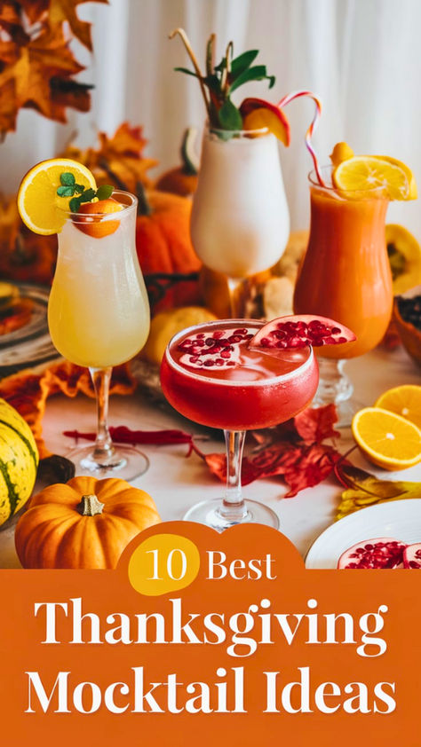 "Discover the 10 Best Thanksgiving Mocktail Ideas for a Festive Feast!  Elevate your holiday gatherings with these delicious Thanksgiving Mocktails  that are perfect for everyone. Explore our collection of festive  non-alcoholic drinks, featuring creative holiday mocktail recipes that will  impress your guests. From refreshing fall mocktail inspiration to  family-friendly cocktails, these Thanksgiving party ideas will make your  celebration unforgettable!" Snack Food Ideas For Adults, Mocktails For Parties, Thanksgiving Drinks Non Alcoholic Healthy, Non Alcoholic Thanksgiving Cocktails, Non Alcoholic Drink For Thanksgiving, Thanks Giving Non Alcoholic Drinks, Healthy Fall Mocktail, Mocktail For Thanksgiving, Thanksgiving Sangria Non Alcoholic