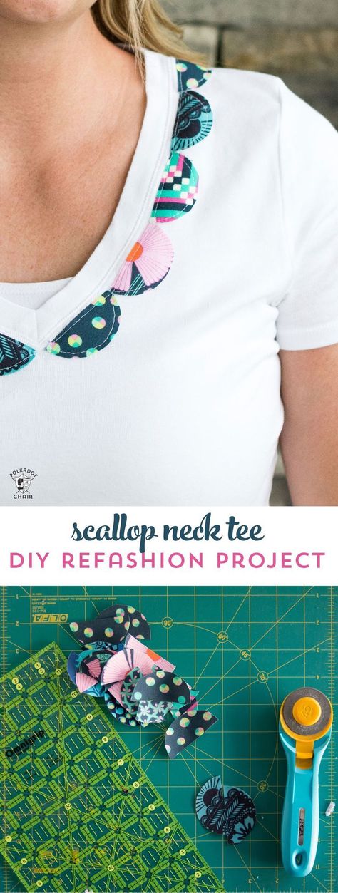 Scallop Neck T-Shirt Refashion Tutorial Umgestaltete Shirts, Free Sewing Tutorials, Tote Bag Pattern Free, Polka Dot Chair, How To Quilt, Craft Home Decor, Sewing Things, Beginner Sewing Projects Easy, T-shirt Refashion