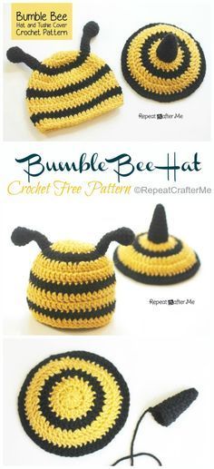 Baby Bumble Bee, Bee Hat, Crochet Baby Photo Prop, Crochet Photo Props, Repeat Crafter Me, Crochet Baby Beanie, Crocheted Hats, Baby Crochet Patterns Free, Crochet Bee