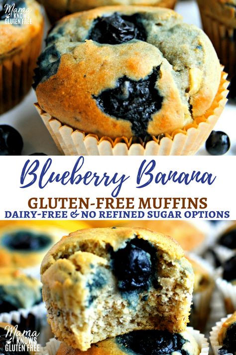 The only gluten-free blueberry banana muffin recipe you’ll ever need; a one bowl wonder! No mixer required for these super moist gluten-free blueberry banana muffins. Dairy-free and no refined sugar option. mamaknowsglutenfree.com #healthyrecipes #glutenfreerecipe #bananamuffins #blueberrymuffins #dairyfreerecipe #norefinedsugar Blueberry Banana Muffins, Gluten Free Banana Muffins, Banana Blueberry Muffins, Banana Muffin, Banana Muffin Recipe, Overripe Bananas, Gluten Free Banana, Gluten Free Muffins, Banana Blueberry