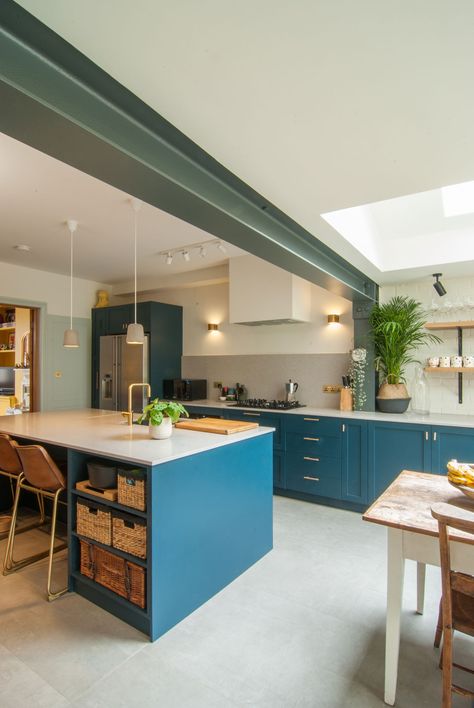 Ground-Floor-Kitchen-Extension-Exposed-Steel-Beam-Dark-Blue-Kitchen Beam House, Kitchen Diner Extension, Extension Plans, Open Plan Kitchen Dining Living, Open Plan Kitchen Diner, Open Plan Kitchen Dining, Open Plan Kitchen Living Room, Kitchen Dining Living, Bright Kitchens