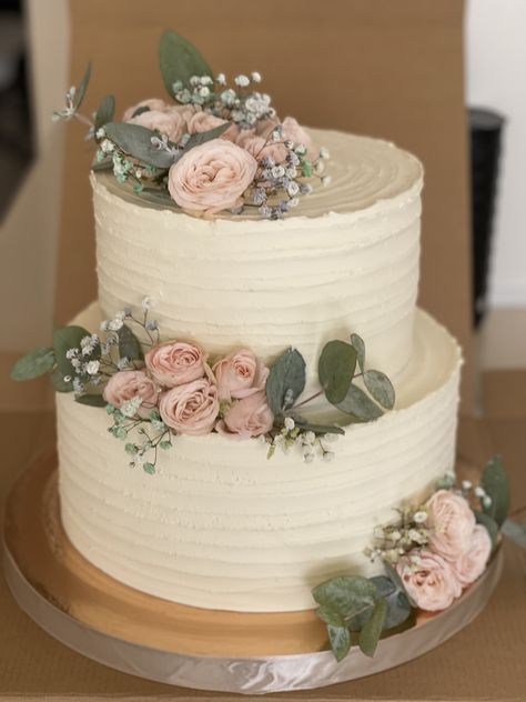 Bridal Shower Cakes With Greenery, Eculyptus Wedding Cakes, 2 Layer Wedding Cake With Flowers, 2 Tier Elegant Cake, Blush And Green Wedding Cake, Two Layer Wedding Cakes Simple, Unfinished Wedding Cake, Wedding Cakes Sage Green And Blush, Sage Green Wedding Cake 1 Tier