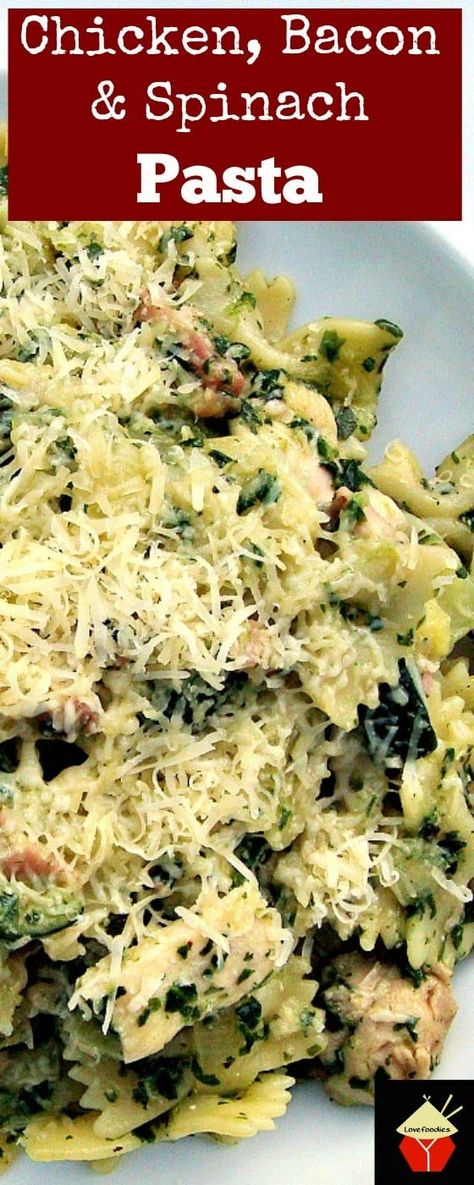 Bacon Spinach Pasta, Frozen Spinach Recipes, Chicken Bacon Spinach Pasta, Quail Recipes, Spinach Pasta Recipes, Moms Recipes, Diy Easy Recipes, Tasty Chicken, Budget Recipes