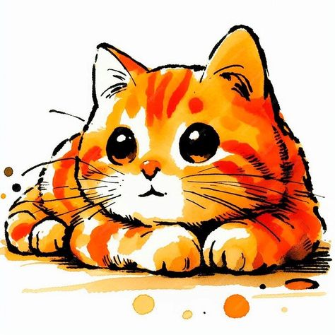 Yellow Cat Drawing, Drawing Big Eyes, Cat Face Drawing, Drawing Of A Cat, Koi Painting, Cat Artwork, Yellow Cat, Business Card Maker, Orange Cat