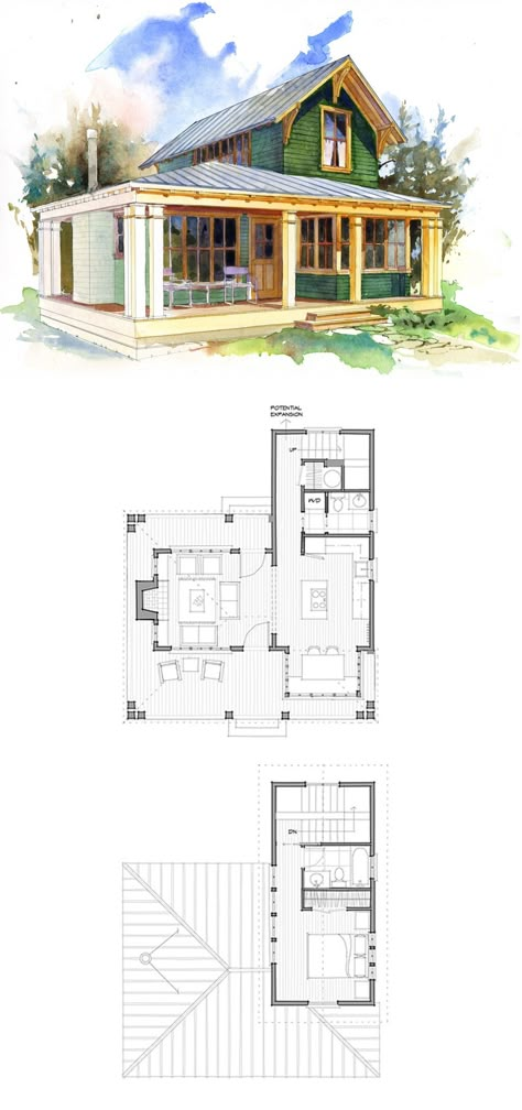 780 sf Boho House Floor Plans, Small Stone Cottage, Small Modern House Plans, Small Cottage House Plans, House Plan With Loft, House Plans With Pictures, Small Cottage Homes, Cottage Floor Plans, Cottage Style House Plans